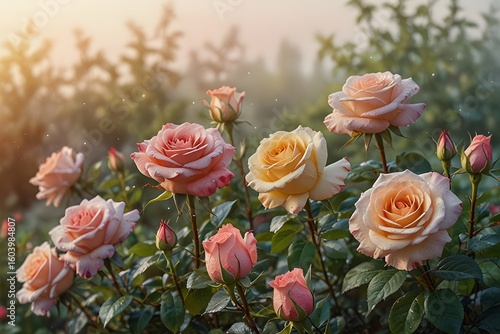 At dawn a garden shimmering with dew showcases blossoming roses in full bloom