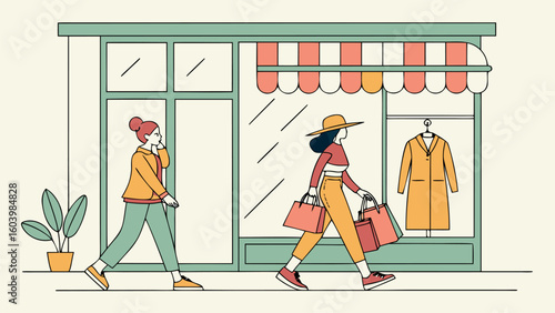 Women shopping in a vibrant urban environment with colorful storefronts and casual style