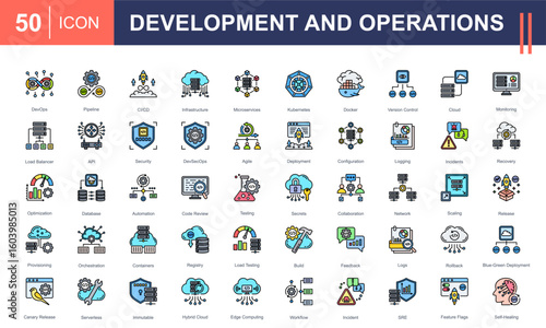 DevOps icon set highlighting CI/CD, automation, cloud, containers, microservices, and incident management. Perfect for software development, infrastructure, deployment, and monitoring projects.