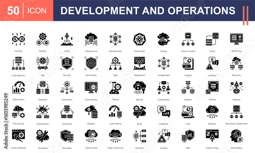 DevOps icon set highlighting CI/CD, automation, cloud, containers, microservices, and incident management. Perfect for software development, infrastructure, deployment, and monitoring projects.