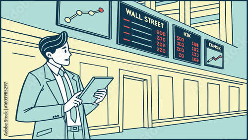 Business professional analyzes stock market data in a financial district office setting during daytime