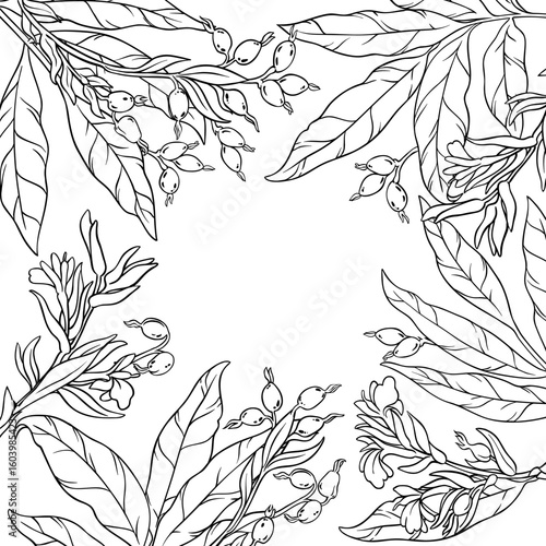 Cardamon Branch with Flowers, Berries and Leaves Outline Frame. Vector isolated for design or decoration.