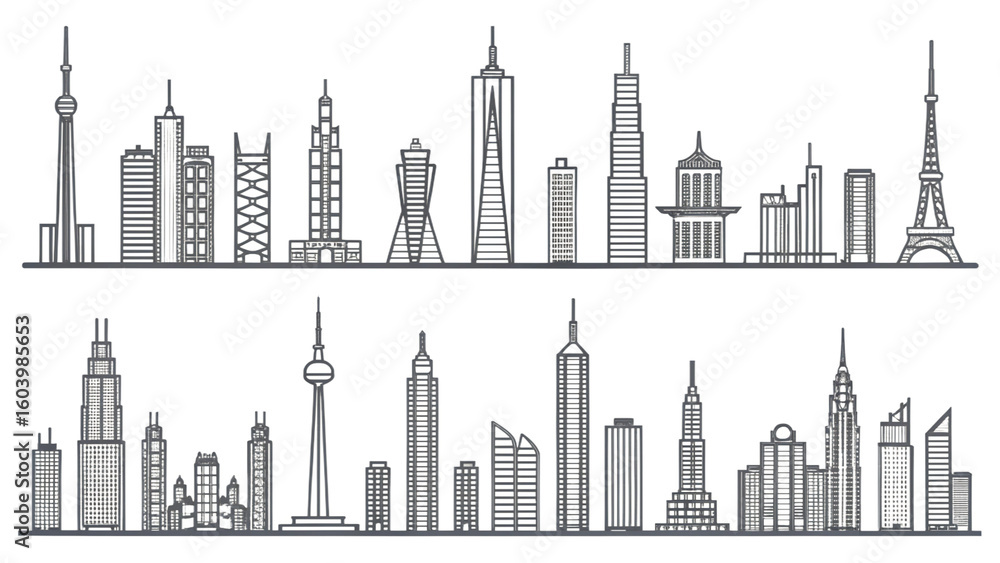 Obraz premium Collection of 20 different modern skyline line icons separated from each other with tapered tower outlines blank background