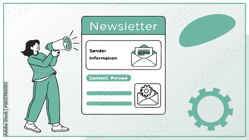 Illustration of a woman with a megaphone promoting a newsletter with sender information and content preview