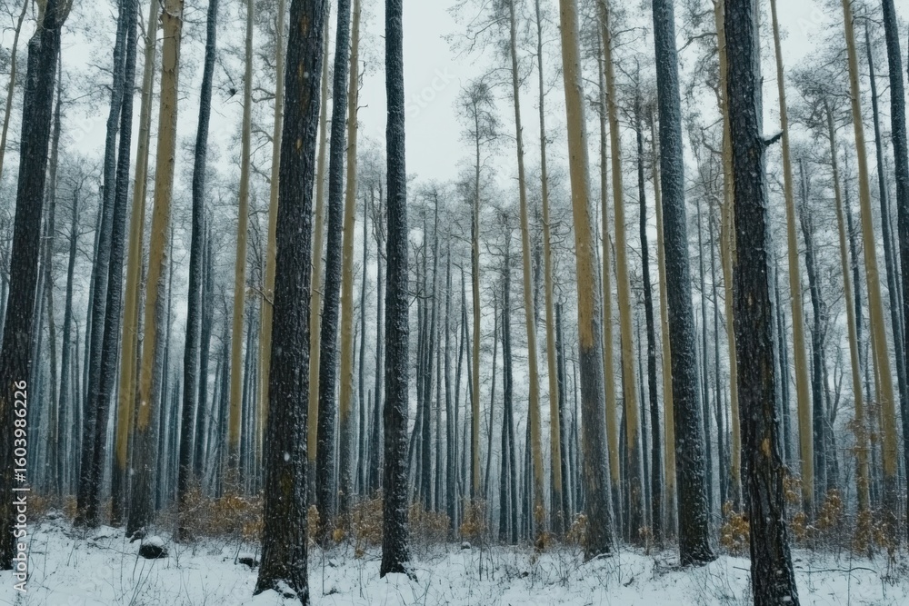 Obraz premium Tranquil winter forest with snow-covered trees in frosty landscape