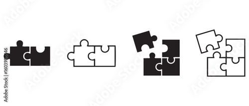 Puzzle Piece Progression Set. Black and White Icons Showing Step-by-Step Assembly of Square Puzzle for Educational and Design Use.
