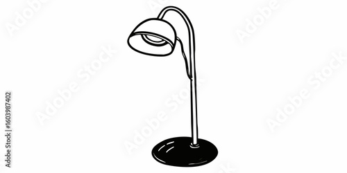 A simple black and white line drawing of a desk lamp with a curved neck and a circular base stand