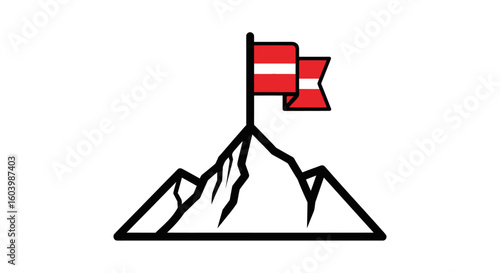 Mountain Peak with Flag representing Achievement and Conquest in Mountainous Landscape