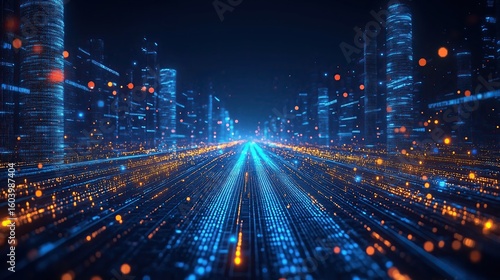 Abstract Blue Technology Background with Digital Lines and Futuristic Skyline, High-Speed Data Transfer Concept for Construction Project Presentation, Business Plan or Market Analysis