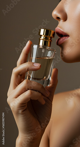 Close-up of a woman smelling perfume