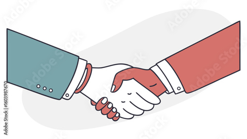 Illustration of two people shaking hands wearing suits with a light gray background design element