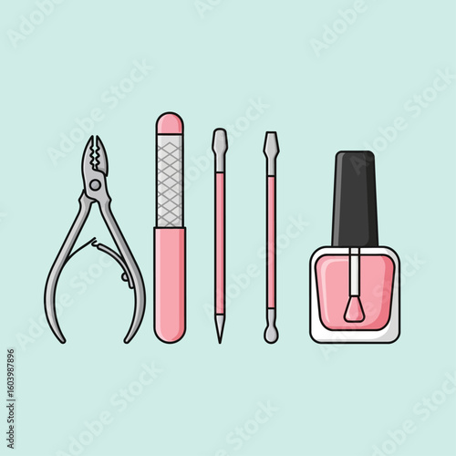 Set of Pink Manicure Tools and Nail Polish Bottle on Light Background