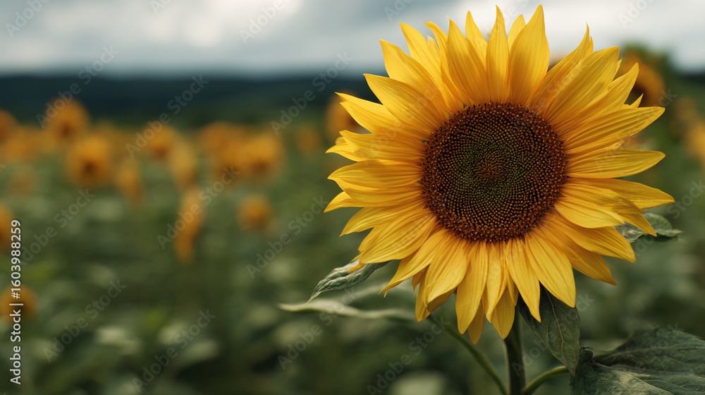 Fototapeta premium A close up view of a sunflower in a field of sunflowers on a cloudy day outdoors
