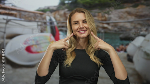 Photos Woman smiling and pointing at her cheeks with both hands, standing on a sandy beach with boats in the background on a sunny day