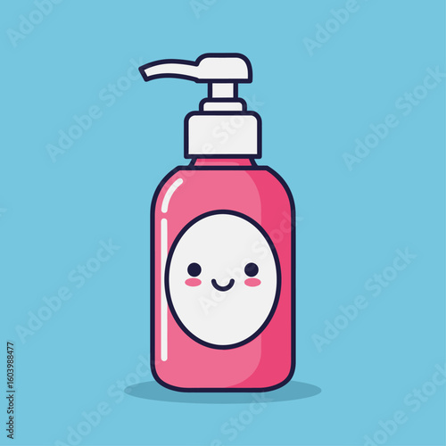Cute Pink Hand Sanitizer Bottle with Smiling Face on Blue Background