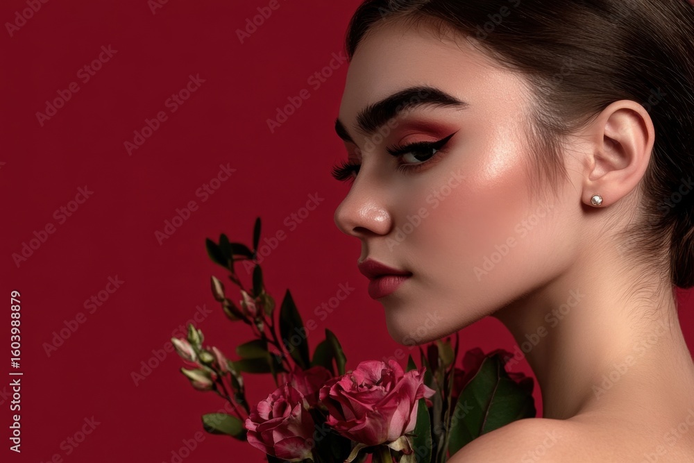 Fototapeta premium Elegant minimalistic portrait of stylish young woman with flowers