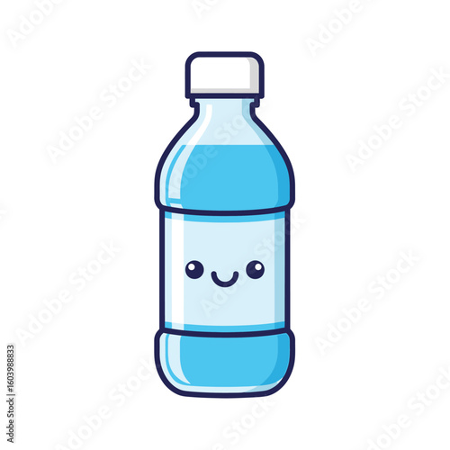 Cute Cartoon Water Bottle with Smiling Face in Blue and White Colors