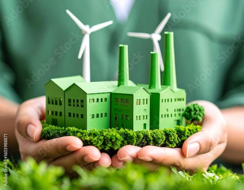 Wallpaper Mural Hands holding Model of green factory symbolizing green washing concept Torontodigital.ca