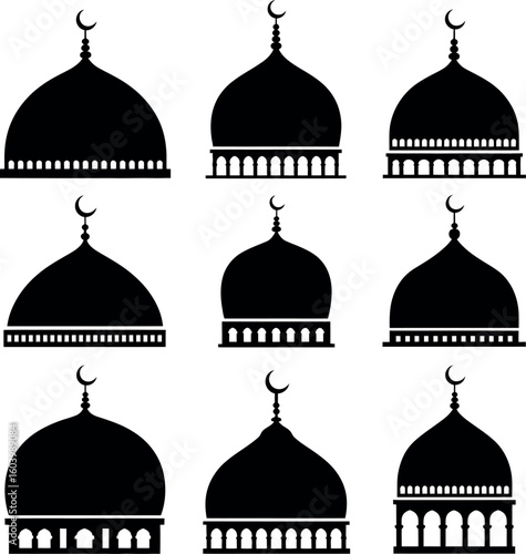 Nine black Islamic mosque domes with crescent moons on white background architecture