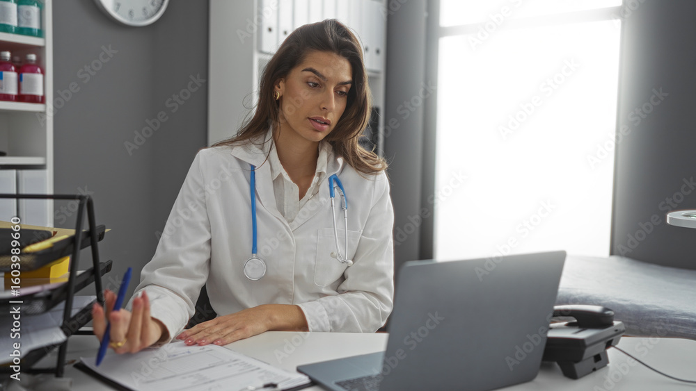 Woman working in clinic wearing white coat taking notes at desk with laptop and stethoscope in interior hospital office setting during daytime for healthcare documentation. Woman working in clinic wearing white coat taking notes at desk with laptop and stethoscope in interior hospital office setting during daytime for healthcare documentation.