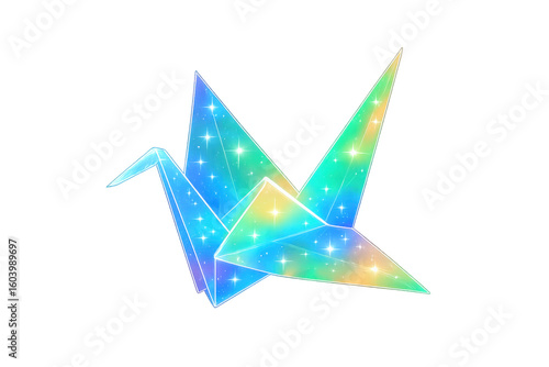 Colorful origami crane with transparent background, featuring sparkling stars and a gradient of blue, green, and yellow