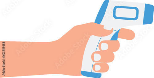 Infrared thermometer being held for temperature check fever screening tool