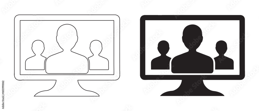 Video Conference Monitor Icon Set. Black Silhouette and Outline Variants for Remote Communication and Team Collaboration UI.