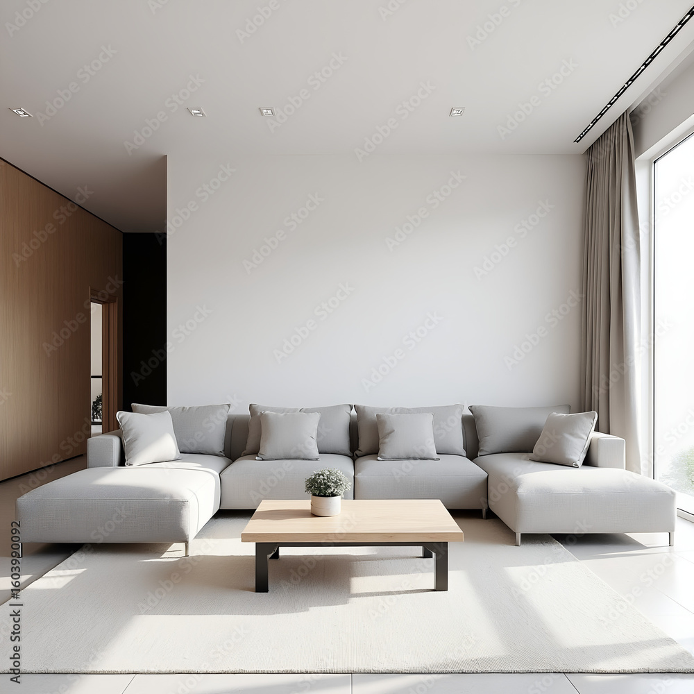 Modern Minimalist White And Black Living Room Interior With Wood Details Modern Minimalist White And Black Living Room Interior With Wood Details