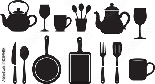 Black kitchenware and drinkware silhouettes cookware tableware