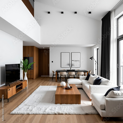 Modern Minimalist White And Black Living Room Interior With Wood Details