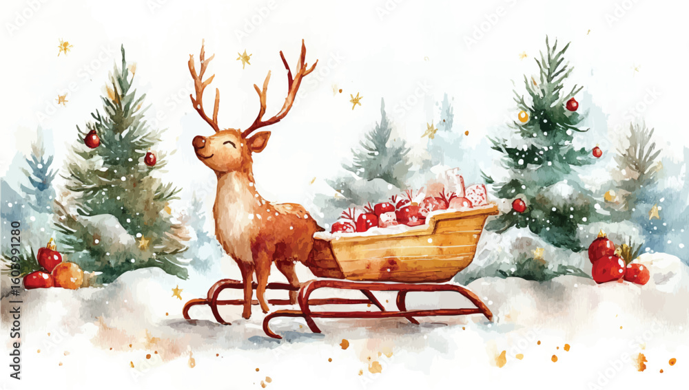 Fototapeta premium Watercolor Christmas deer with Santa Claus's sleigh with presents red gift box winter forest illustration pine trees New Year card