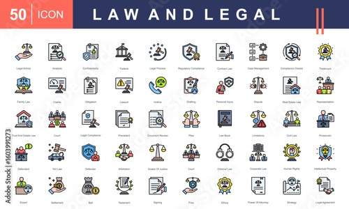 Law and Legal icon set featuring icons for legal advice, court, contract law, ethics, litigation, compliance, and legal documents. Ideal for law firms, justice projects, and legal services.