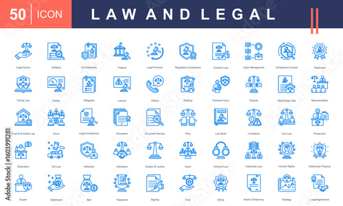 Law and Legal icon set featuring icons for legal advice, court, contract law, ethics, litigation, compliance, and legal documents. Ideal for law firms, justice projects, and legal services.