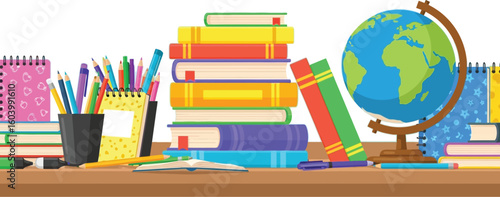 Back to school supplies books globe pencils vector illustration design