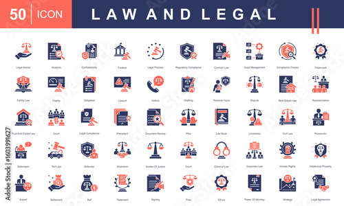 Law and Legal icon set featuring icons for legal advice, court, contract law, ethics, litigation, compliance, and legal documents. Ideal for law firms, justice projects, and legal services.