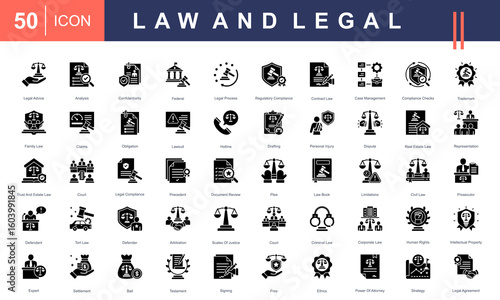 Law and Legal icon set featuring icons for legal advice, court, contract law, ethics, litigation, compliance, and legal documents. Ideal for law firms, justice projects, and legal services.