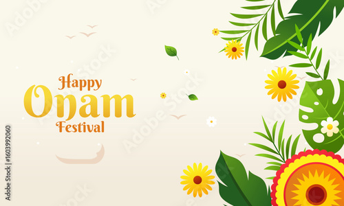 Wallpaper Mural Happy Onam Festival Celebration with Tropical Leaves Flat Design Illustration. Torontodigital.ca