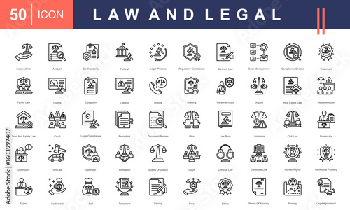 Law and Legal icon set featuring icons for legal advice, court, contract law, ethics, litigation, compliance, and legal documents. Ideal for law firms, justice projects, and legal services.