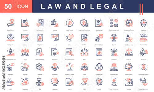 Law and Legal icon set featuring icons for legal advice, court, contract law, ethics, litigation, compliance, and legal documents. Ideal for law firms, justice projects, and legal services.