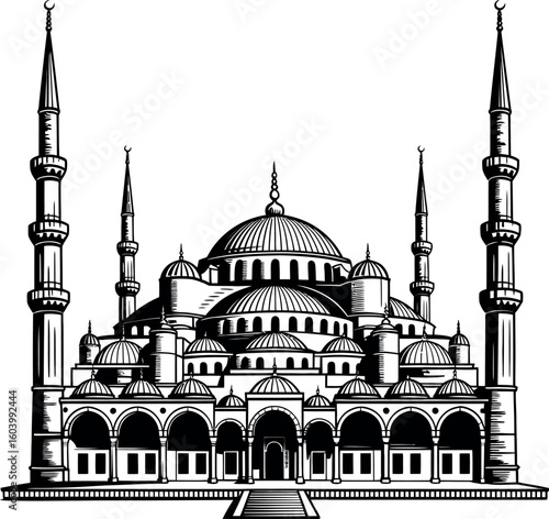 Black and white illustration of a large mosque with multiple domes and minarets Islamic architecture