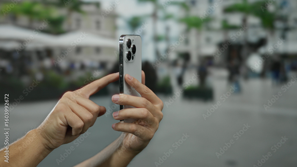 Fototapeta premium Man using smartphone outdoors on a city street with blurred background holding device in hand and tapping screen.