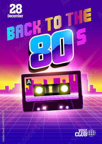 Back to the 80's party eighties style poster design. Audio cassette. Geometrical composition with city skyline. Editable EPS 10 vector