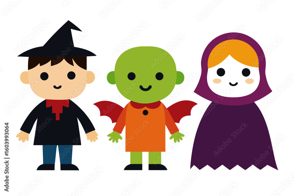 Three adorable cartoon characters dressed for halloween fun Three adorable cartoon characters dressed for halloween fun
