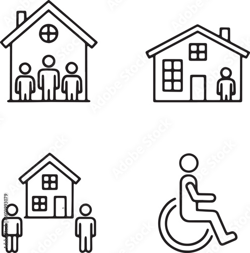 Minimalist line art illustrations representing concepts of home family accessibility and inclusion