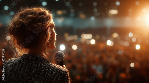 Woman from behind speaking into a microphone on stage before an audience. Presentation, conference, public speaking, education