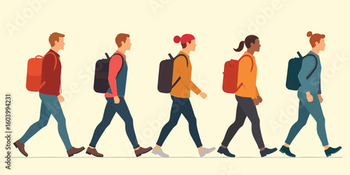 Three diverse travelers with luggage walking down a city street.