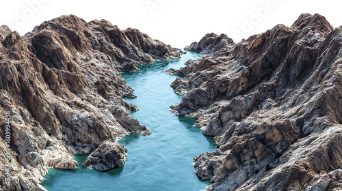 Vibrant blue river flows through a rugged canyon with steep rocky walls isolated on transparent background