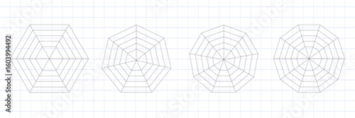 Set of blank radar graphs in polygonal styles such as pentagon hexagon and heptagon. Flat spider diagram template for analytics and stats. Vector Kiviat chart mesh on white background