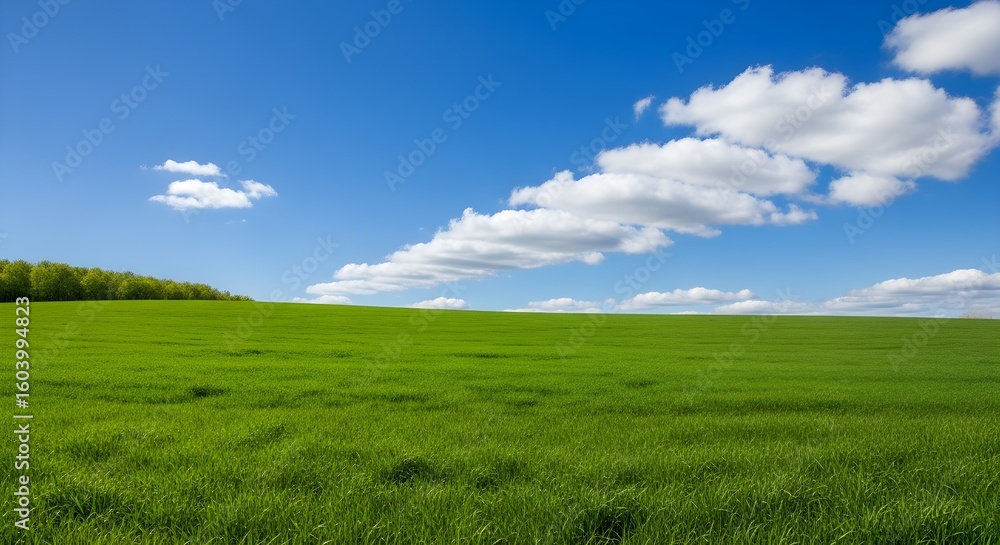 Obraz premium A sunny day showing a green field with a blue sky and fluffy white clouds