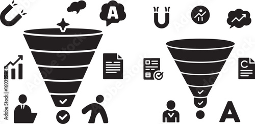 Business funnel icons with growth charts and people graph